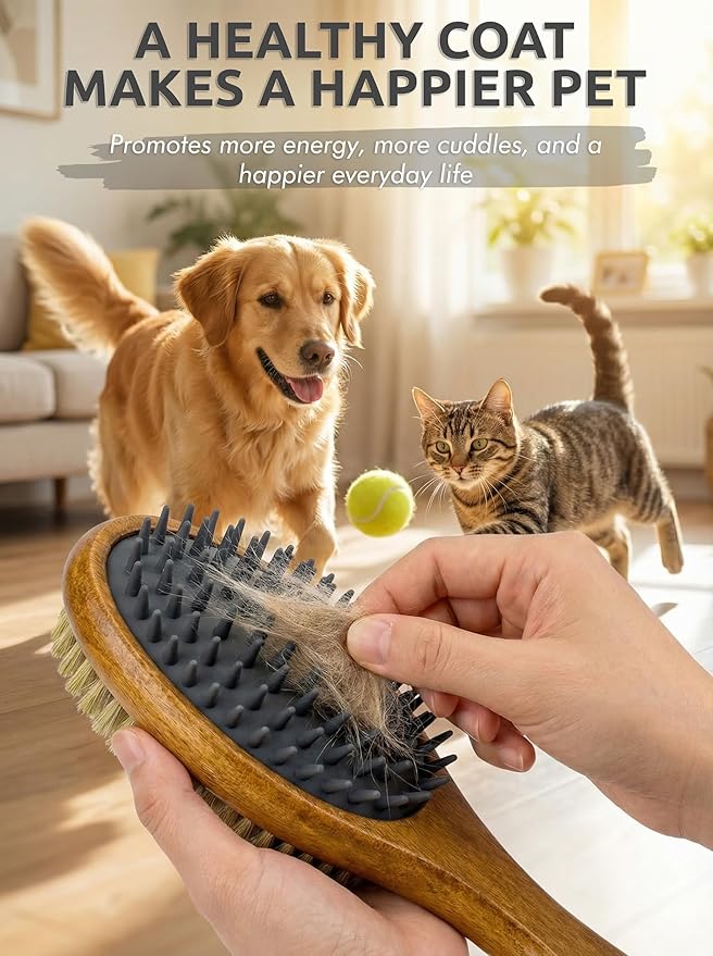TAKAVU Short Hair Dog & Cat Deshedding Brush - Double Sided Grooming Tool with Silicone Massage & Bristle Sides - Removes Loose Fur & Dirt - Wood Handle