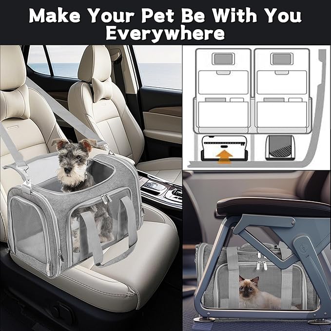 Soft-Sided Cat/Dog/Pet Carrier, Collapsible Pets Travel Carriers for Big Cats/Small Dogs with Shoulder Strap & Removable Mat, Mesh Puppy Carry Bag, Up to 16 Lbs, TSA Airline Approved(Gray)