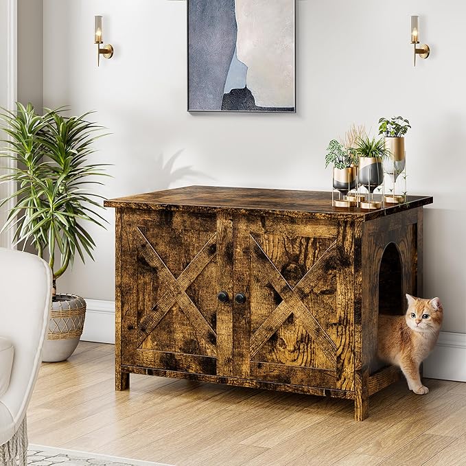 Shintenchi Cat Littler Box Enclosure, Litter Box Furniture Hidden with Removable Divider, Cat House with End Table, Brown