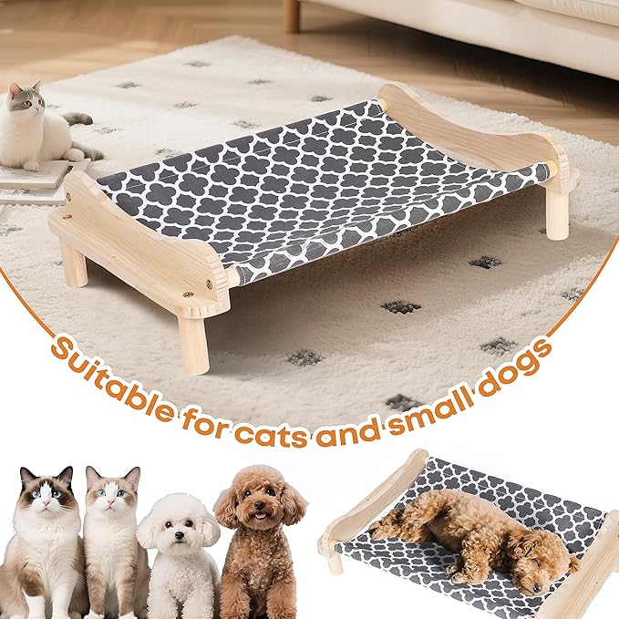 Elevated Wooden Cat Bed – 24"x15.7"x5.9" Breathable Hammock Pet Bed for Indoor/Outdoor Use, Raised Dog Lounger for Small Pets Like Kittens, Puppies, Rabbits, and Bunnies (Grey-1)