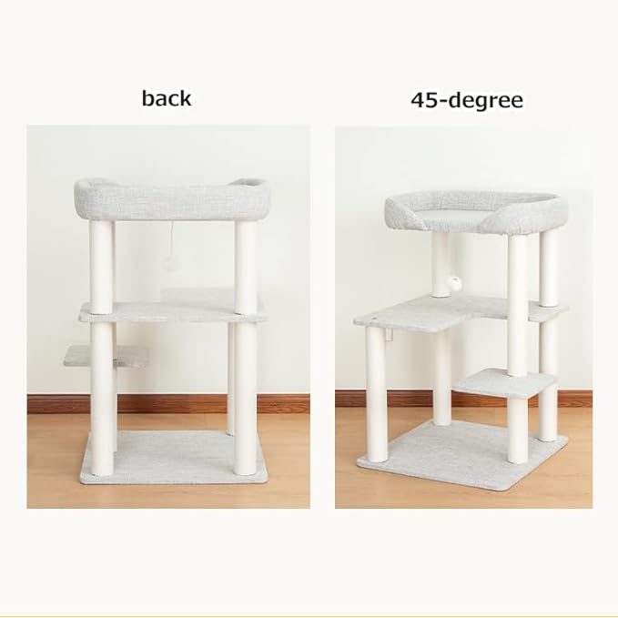 Cat Tree Tower Wooden 37.4''(95 cm), Large Cat Tree with Jump Platform & Play Ball for Indoor Cats, Ideal Cat's Climbing Frame & Playhouse (Linen Fabric Light Grey)