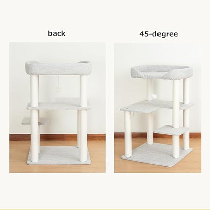 Cat Tree Tower Wooden 37.4''(95 cm), Large Cat Tree with Jump Platform & Play Ball for Indoor Cats, Ideal Cat's Climbing Frame & Playhouse (Linen Fabric Light Grey)