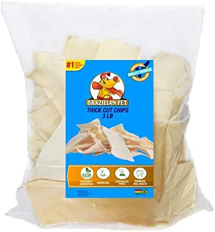 Brazilian Pet Premium Thick Cut Chips, Wholegrain Rawhide (Last Much Longer Than Traditional Chips). 100% Natural. Great Behavioral Dog Chewing Treat Solution. No Preservatives. (3 Pounds)