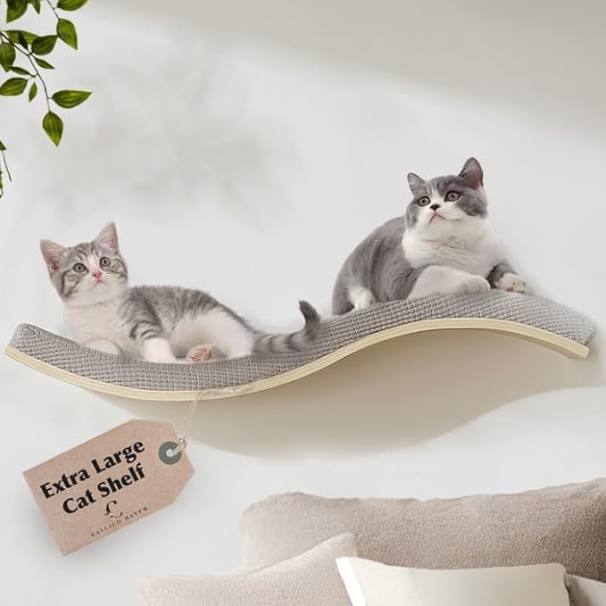 Extra Large 35.4” × 11.6” Stylish Cat Wall Shelves with Soft Cushion, Modern Wall-Mounted Cat Tree Furniture & Perch, Sturdy/Hidden Mounts, Machine Wash Cover, Sleek Design- CALLICO HAVEN Wave S-Shape