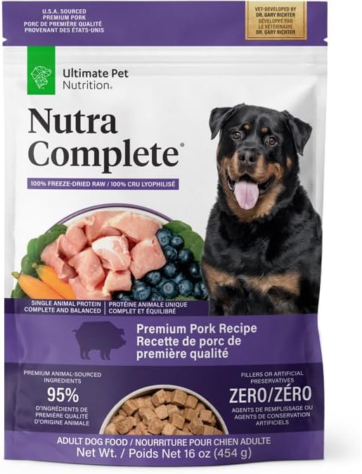 ULTIMATE PET NUTRITION Nutra Complete, 100% Freeze Dried Veterinarian Formulated Raw Dog Food with Antioxidants Prebiotics and Amino Acids, (1 Pound, Pork)