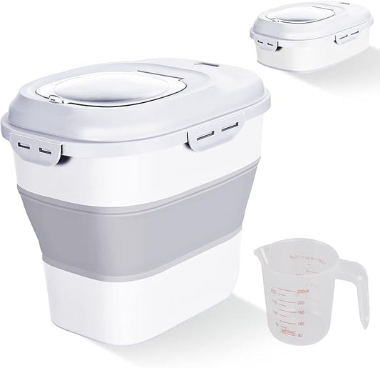 Cereal Rice Food Storage Containers, Collapsible 20 to 50 Lbs Dispenser Bin with Rolling Wheel Airtight Locking Lid, Dog Pet Cat Flour Sugar Plastic Leakproof Sealable Large Kitchen Pantry Holder