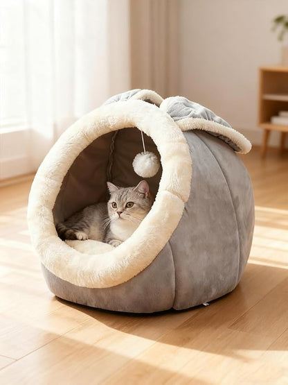 Lcybem Cat Beds for Indoor Cats - Rabbit-Shaped Cat Cave Bed with Hanging Toy,Super Soft Calming Pet Bed for Kitten,Small Dog,Warm Plush&Machine Washable&Removable Cotton Pad,cat Hideaway
