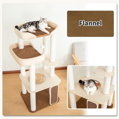 53'' Cat Tree for Large Cat, Modern Senior Friendly Cat Tower with Wide Shelves Low Step, Cotton Scratching Posts, Super Sturdy Base, Cozy Perches, and Interactive Toys (White)