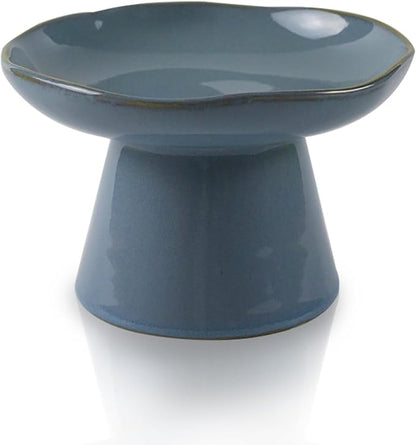 Extra Wide 6.1" Ceramic Raised Cat Food Bowl, Shallow Elevated Pet Feeder for Food Feeding, Anti Vomiting Whisker Fatigue Bowls for Cat Puppy, Blue