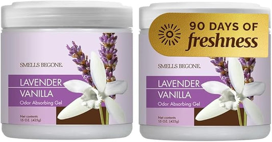 SMELLS BEGONE Air Freshener Odor Absorber Gel - 15 oz, Pack of 2 - Absorbs and Eliminates Odor in Pet Areas, Bathrooms, Cars, & Boats - Made with Essential Oils - Lavender Vanilla Scent
