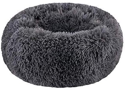 BODISEINT Modern Soft Plush Round Pet Bed for Cats or Small Dogs, Mini Medium Sized Dog Cat Bed Self Warming Autumn Winter Indoor Snooze Sleeping Cozy Kitty Teddy Kennel (20''D x 8'' H, Dark Grey)
