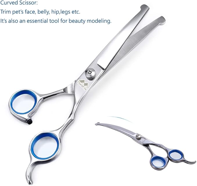 Dog Scissors with Round Tip, 6 in 1 Dog Grooming Kit, Stainless Steel Pet Grooming Scissors for Full Body, Face, Nose, Ear and Paw (Blue)