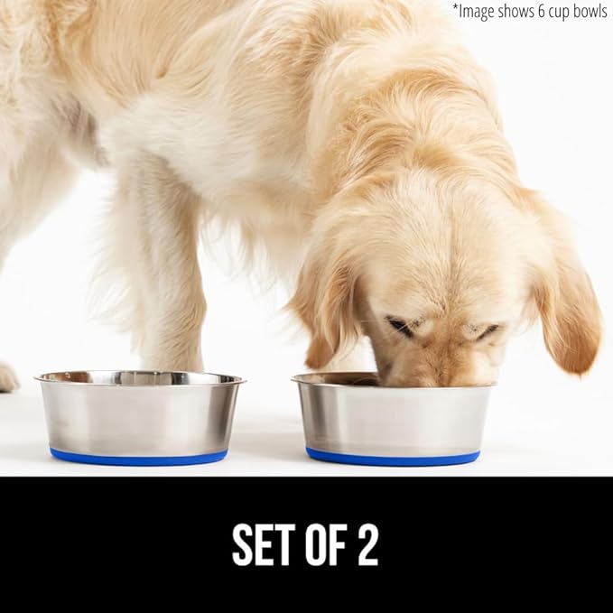 GORILLA GRIP Set of 2 Dog Bowls, Heavy Duty Metal Food and Water Bowl for Feeding Dogs and Cats, Dishwasher Safe, Rust Resistant Stainless Steel, BPA Free Rubber Base, Holds 1 Cup (8 fl oz), Blue