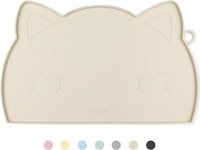 Coomazy Cat & Dog Feeding Mat, Thicker Non-Slip Silicone Mat with Raised Edge, Waterproof for Food & Water (Beige, Medium)