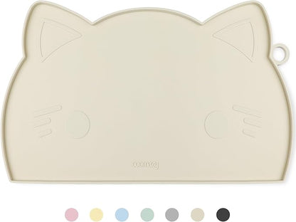 Coomazy Cat & Dog Feeding Mat, Thicker Non-Slip Silicone Mat with Raised Edge, Waterproof for Food & Water (Beige, Medium)
