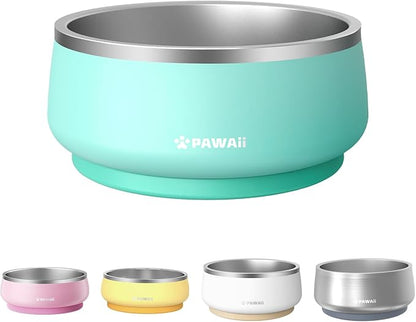 Pawaii Stainless Steel Dog Bowl with Non-Slip Rubber Base & Double Wall Insulation - Durable Design | Includes ID Tag | Dishwasher Safe Food & Water Bowl for All Dogs (34oz)