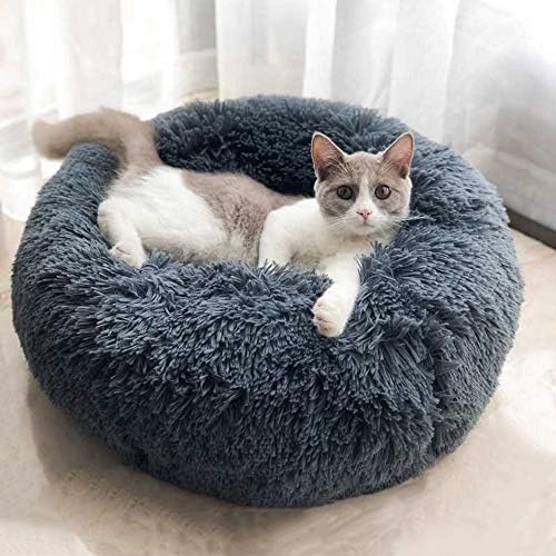 BODISEINT Modern Soft Plush Round Pet Bed for Cats or Small Dogs, Mini Medium Sized Dog Cat Bed Self Warming Autumn Winter Indoor Snooze Sleeping Cozy Kitty Teddy Kennel (20''D x 8'' H, Dark Grey)
