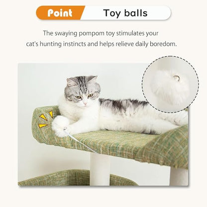 53'' Cat Tree for Large Cat, Modern Senior Friendly Cat Tower with Wide Shelves Low Step, Cotton Scratching Posts, Super Sturdy Base, Cozy Perches, and Interactive Toys (Green)