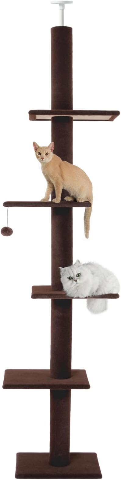 Cat Craft Cat Tree Floor to Ceiling Cat Tower 98-108" Carpet Kitten Tree 5-Tier Scratching Post and Mat Cat Pole for Indoor Cats, Dark Brown