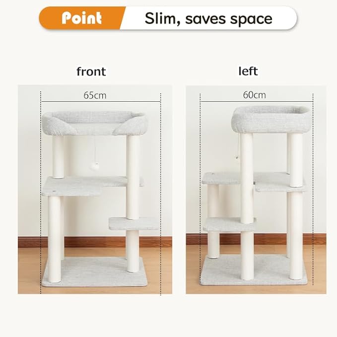 Cat Tree Tower Wooden 37.4''(95 cm), Large Cat Tree with Jump Platform & Play Ball for Indoor Cats, Ideal Cat's Climbing Frame & Playhouse (Linen Fabric Light Grey)