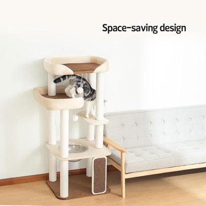 53'' Cat Tree for Large Cat, Modern Senior Friendly Cat Tower with Wide Shelves Low Step, Cotton Scratching Posts, Super Sturdy Base, Cozy Perches, and Interactive Toys (White)