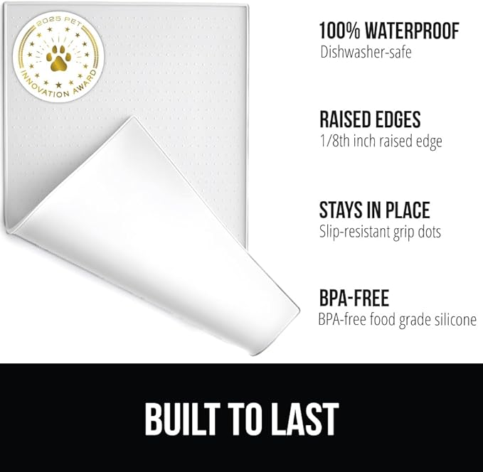 GORILLA GRIP 100% Waterproof Raised Edge BPA Free Silicone Pet Feeding Mat, Dog Cat Food Mats Contain Spills Protects Floors, Placemats for Cats and Dogs Water Bowl, Pets Accessories 16x10, White