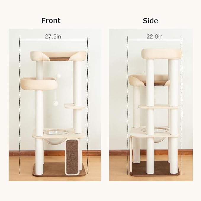 53'' Cat Tree for Large Cat, Modern Senior Friendly Cat Tower with Wide Shelves Low Step, Cotton Scratching Posts, Super Sturdy Base, Cozy Perches, and Interactive Toys (White)