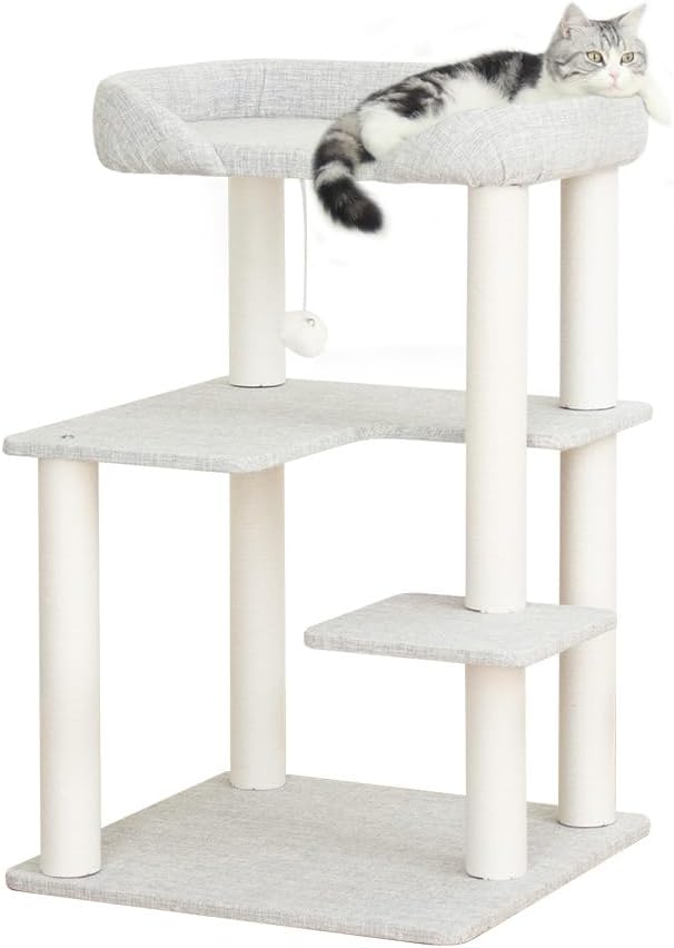 Cat Tree Tower Wooden 37.4''(95 cm), Large Cat Tree with Jump Platform & Play Ball for Indoor Cats, Ideal Cat's Climbing Frame & Playhouse (Linen Fabric Light Grey)