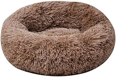 BODISEINT Modern Soft Plush Round Pet Bed for Cats or Small Dogs, Mini Medium Sized Dog Cat Bed Self Warming Autumn Winter Indoor Snooze Sleeping Cozy Kitty Teddy Kennel (24'' D x 8'' H, Coffee)