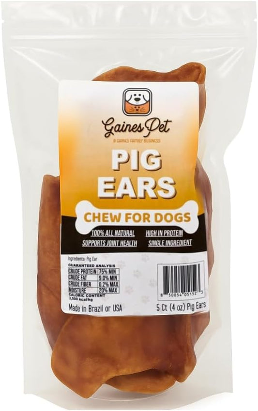 Gaines Pet Pig Ears for Dogs - 5 Count, Thick Cut, All-Natural Whole Ears - No Additives Or Hormones, Safe Rawhide Alternative, Dental Health, Easy to Digest, Great for Small to Large Dogs