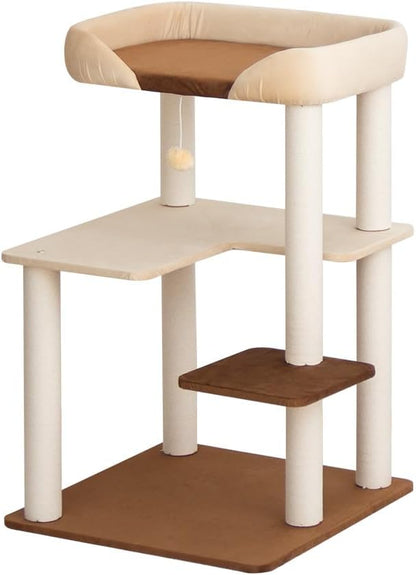 Cat Tree for Large Cats, Modern Senior Friendly Cat Tower with Wide Shelves, Cotton Scratching Posts, Super Sturdy Base, Cozy Perches, and Interactive Toys for Indoor Kittens, 37.4'' Cream