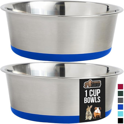 GORILLA GRIP Set of 2 Dog Bowls, Heavy Duty Metal Food and Water Bowl for Feeding Dogs and Cats, Dishwasher Safe, Rust Resistant Stainless Steel, BPA Free Rubber Base, Holds 1 Cup (8 fl oz), Blue