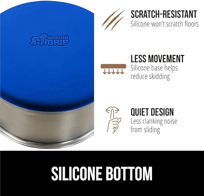 GORILLA GRIP Set of 2 Dog Bowls, Heavy Duty Metal Food and Water Bowl for Feeding Dogs and Cats, Dishwasher Safe, Rust Resistant Stainless Steel, BPA Free Rubber Base, Holds 1 Cup (8 fl oz), Blue