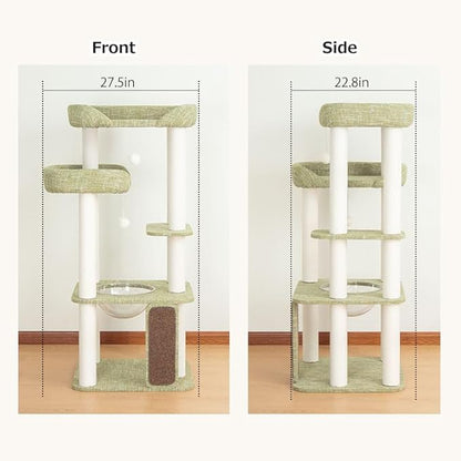 53'' Cat Tree for Large Cat, Modern Senior Friendly Cat Tower with Wide Shelves Low Step, Cotton Scratching Posts, Super Sturdy Base, Cozy Perches, and Interactive Toys (Green)