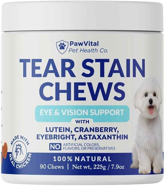 Tear Stain Chews for Dogs – Natural Tear Stain Remover & Eye Health Supplement with Cranberry, Lutein & Eyebright – Reduces Tear Stains, Supports Vision & Promotes Clear Eyes – 90 Soft Chews