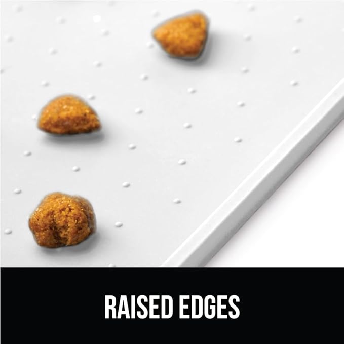 GORILLA GRIP 100% Waterproof Raised Edge BPA Free Silicone Pet Feeding Mat, Dog Cat Food Mats Contain Spills Protects Floors, Placemats for Cats and Dogs Water Bowl, Pets Accessories 16x10, White