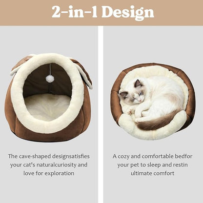 Lcybem Cat Beds for Indoor Cats - Rabbit-Shaped Cat Cave Bed with Hanging Toy,Super Soft Calming Pet Bed for Kitten,Small Dog