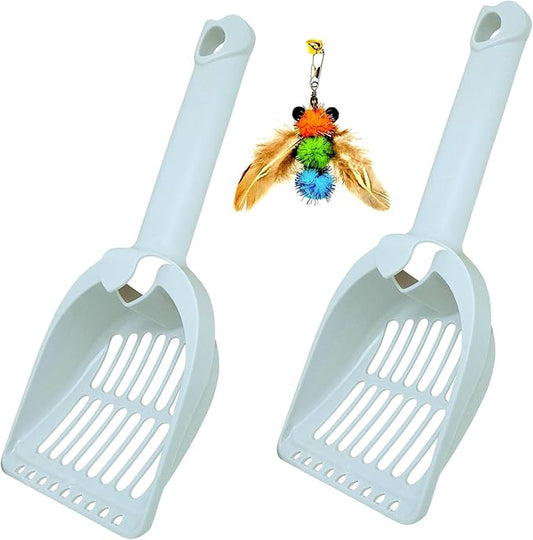 2 Pack Large Cat Litter Scoop Set with Bee-Shaped Wand Toy Refill, Heavy Duty Cat Scooper for Litter Box with 7mm Wide Large Holes, Long Handle & Hanging Hook, Kitty Litter Box Cleaning Tool
