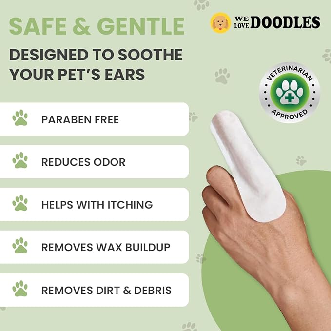 We Love Doodles Dog Ear Wipes - Pre Soaked Finger Ear Wipes for Dogs, Safe & Gentle Ear Cleaner for Dogs, Cleans & Deodorizes, Pet Wipes for Dogs, Dog Cleaning Wipes for Easy Grooming, 100 pcs