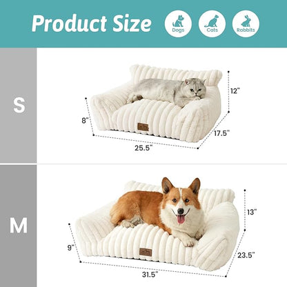 Cute Cat Couch, Premium Plush Faux Fur Pet Couch Bed, Ultra-Soft Pet Furniture for Cats & Small Dogs (Cream, S: 25.5''x17.5'')