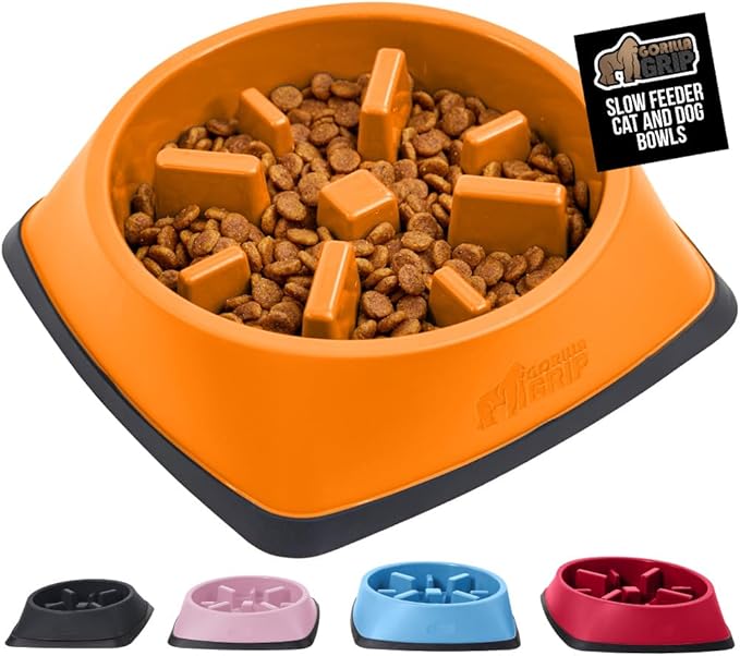 Gorilla Grip Slow Feeder Dog and Cat Bowls, Interactive Puzzle Toy for Dogs and Cats Food Training, Keeps Pets Busy and Prevents Puppy Overeating, Large, Small Breeds, 100% BPA Free, 1 Cup Orange