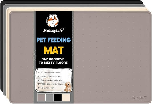 MateeyLife Dog & Cat Food Mat - Waterproof, Nonslip, Raised Edges, Silicone Tray for Messy Drinkers, 18"x12", Taupe