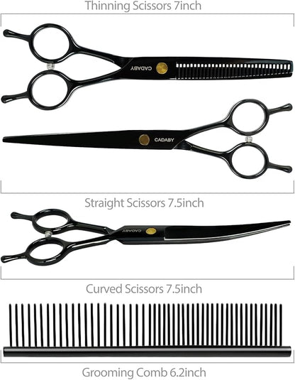 Dog Grooming Scissors Kit with Blunt Tips, 5 in 1 Professional Dog Shears for Grooming, 4CR Stainless Steel Pet Scissors, Black, Suitable for Both Hand