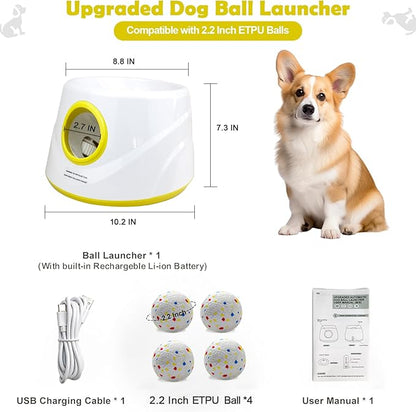 Automatic Dog Ball Launcher, Upgraded Interactive Dogs Balls Thrower for Small and Medium Dogs, Distance Adjustable Mental Stimulating Dog Toys with 4 Durable Etpu Balls 2.2 Inch (Yellow)