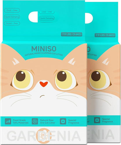 MINISO Clumping Cat Litter, Tofu+Bentonite+Cassava, Odor Control, Rapid Clumping, Water Absorbent and Toilet Flushable, Multi-Cat, Gardenia Style, 15.8lb (2 Pack of 7.9lb Bags)