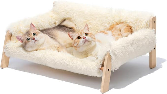 MEWOOFUN Cat Couch Bed, Pet Sofa for Indoor Cats Wooden Indoor Elevated Cat Beds with Removable Mattress Cover Suitable for Kitty, Puppy or Small Animal (Beige, Large)