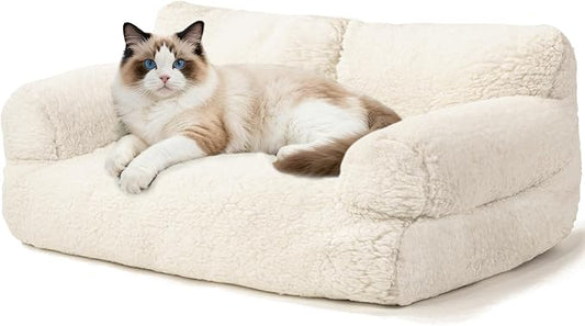 Plush Cat Couch Bed - Cat Bed for Indoor Cats, Dog Sofa Bed, Cotton Fleece Calming Pet Couch with Removable Cover, Breathable Pet Sofa for Small/Medium Pets (26×18×12in, Beige)
