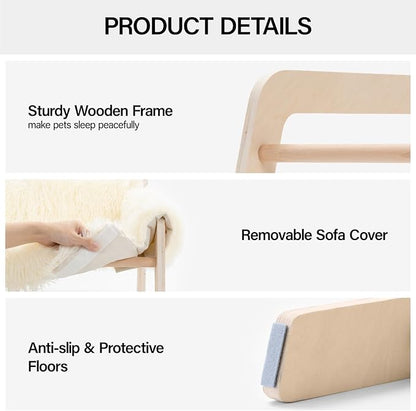 MEWOOFUN Cat Couch Bed, Pet Sofa for Indoor Cats Wooden Indoor Elevated Cat Beds with Removable Mattress Cover Suitable for Kitty, Puppy or Small Animal (Beige, Large)