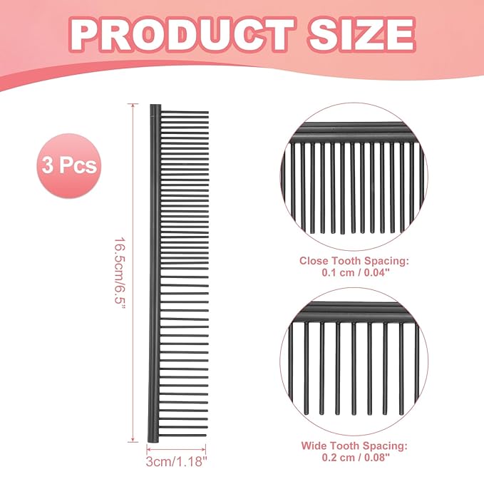 Dog Cat Comb, Pet Combs Stainless Steel Teeth with Rounded Ends for Knots Mats Loose Hair Removal, 6.5IN (Black Coated, 3 Pack), Grooming Tool Intended for Long Curly Hair Pet