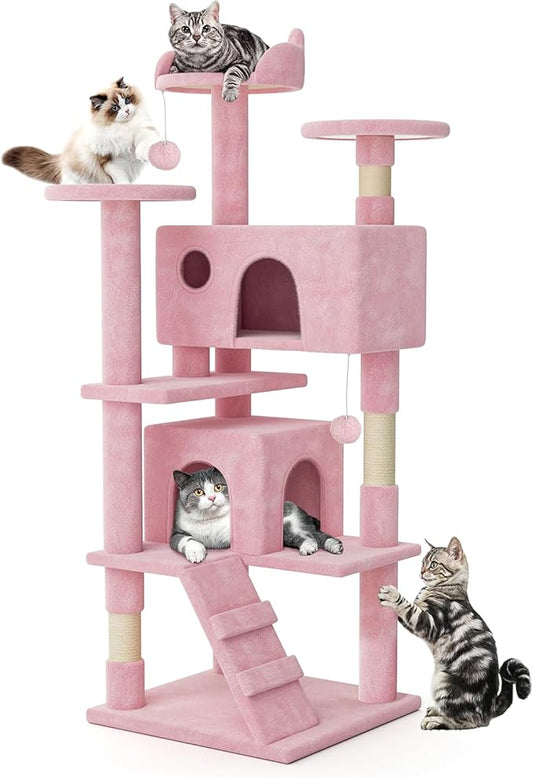 MoNiBloom 54 Inch Cat Tree Tower for Indoor Cats Large Adults, Pink Cat Tower with Scratching Post, Multi-Level Furniture Activity Center with Cat Condo Pet Play House, Soft Pink
